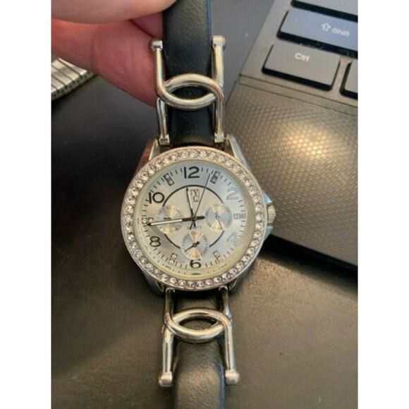 Women's NY&C Watch, Silver Tone with Rhnestones, Chrono Style, Black Band - Picture 1 of 2